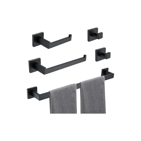 BEMMY Kit 5 Acessórios Para Banheiro Lavabo Luxo 5 Peças Acabamento Fosco Aço Inoxidável, Conjunto de para Toalheiro de Banheiro 60CM, Barra de Toalha de Banheiro, Preto, Instalação de Perfuração
