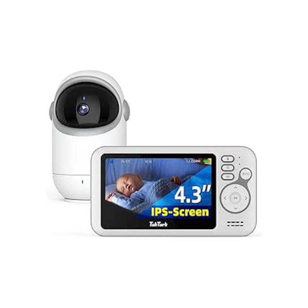 TakTark Babá Eletronica Câmera, 4.3" Monitores de Câmara de Vídeo, Pan & Tilt, 2 Way Audio, Visão Nocturna, Zoom Digital, Decoração Sonora VOX, Ideal para Novos Pais