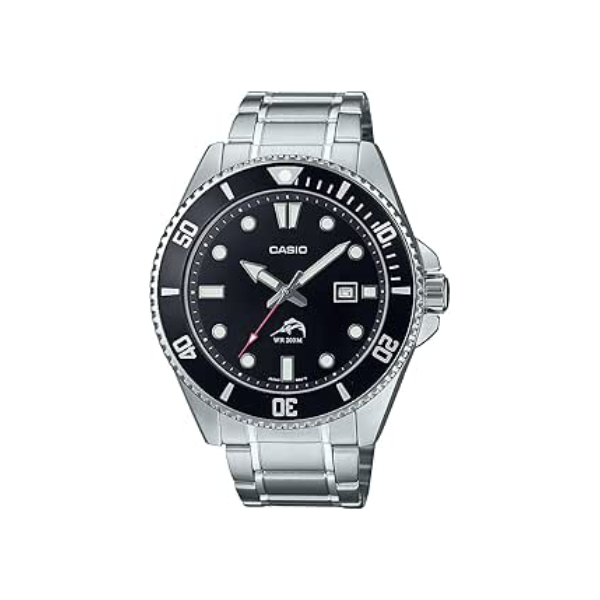 Casio Série MDV106 | Relógio analógico unissex | 200 m WR | Caixa de aço inoxidável | Pulseira de resina | 2 ponteiros analógicos (HR, min, SEC) | Exibição da data | Coroa rosqueada/parte traseira da