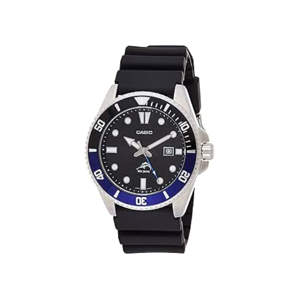 Casio Série MDV106 | Relógio analógico unissex | 200 m WR | Caixa de aço inoxidável | Pulseira de resina | 2 ponteiros analógicos (HR, min, SEC) | Exibição da data | Coroa rosqueada/parte traseira da