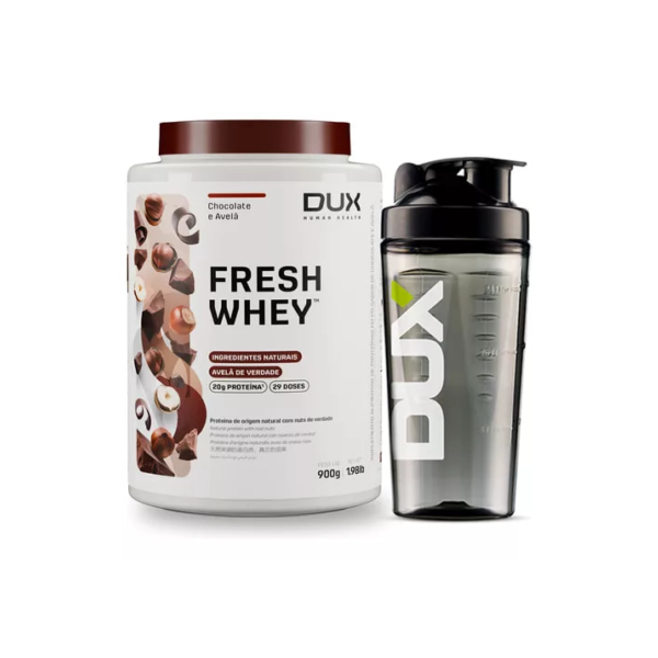 Fresh Whey Chocolate Belga E Avelã 900g + Coqueteleira Dux Nutrition