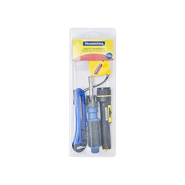 Tramontina 43408123, Kit Ferramentas 10 Peças, com 1 Trena Estilete Lanterna Chave com Adaptador 6 Ponteiras