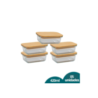 Kit 5 Potes Herméticos Marmitas Com Tampa De Bambu Design Elegante Retangular 420ml