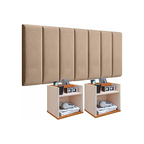 Conjunto Cabeceira Casal Modulada 140cm com Kit de Mesa de Cabeceira Suspensa com Porta Celular (Bege - Off White/Cinamomo)