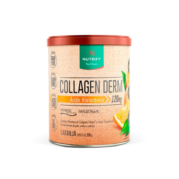 Nutrify - Collagen Derm Colágeno Hidrolisado com Ácido Hialurônico - Sem Glúten, Sem Açúcar e Sem Lactose - Laranja - 330g
