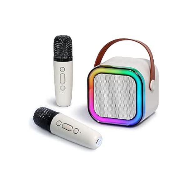 Pequeno portátil Bluetooth microfone karaoke caixa de som, Luzes LED dinâmicas embutidas, com 2 microfone sem fio, para infantil adultos familiares, ar livre, fogueira, festa presente