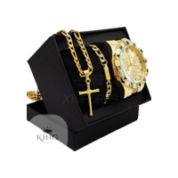 Kit Relógio Masculino Banhado a Ouro 18k Dourado Original Luxo + Corrente em Aço Banhada18kMasculina+Pulseira e Pingente