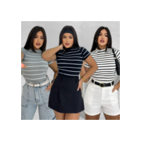 Blusa Básica Listrada Ribana Canelado Premium Casual  Basico Camiseta T-Shirt