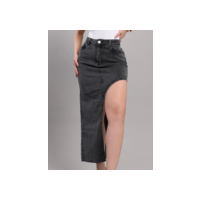 Saia Jeans Midi Com Fenda Arco Abertura Chumbo Cinza Algodão