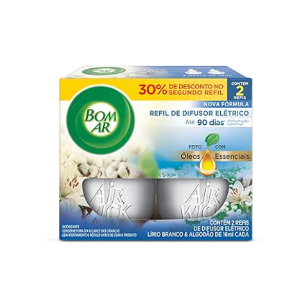 Difusor Elétrico Bom Ar Lírio Branco e Algodão Refil Líquido 2x16ml