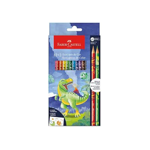 EcoLápis de Cor Faber-Castell Dinossauro, 12 Cores + 2 Lápis Misturinha (12 es/cada) - 120912+2DINO