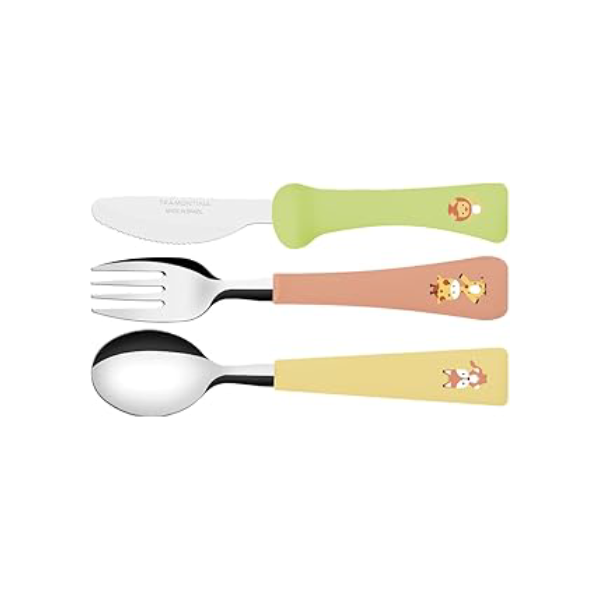 Jogo de Talheres Infantil Tramontina Baby Friends com Lâminas de Aço Inox e Cabos de Polipropileno Colorido 03 Peças