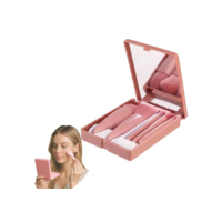 Kit 5 Pincéis de Maquiagem com Estojo e Espelho Portátil Possui Cerdas Macias Ideiais para Base, Pó, Blush, Sombras e Corretivo, Perfeito para Levar na Bolsa e em Viagens