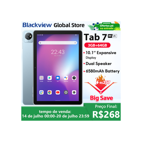 Blackview tab 7 wi-fi  tablet 10.1 ''tela hd 5gb (3 + 2 expansão) ram 64gb rom 6580mah bateria android 12 tablets com tela sensível ao toque