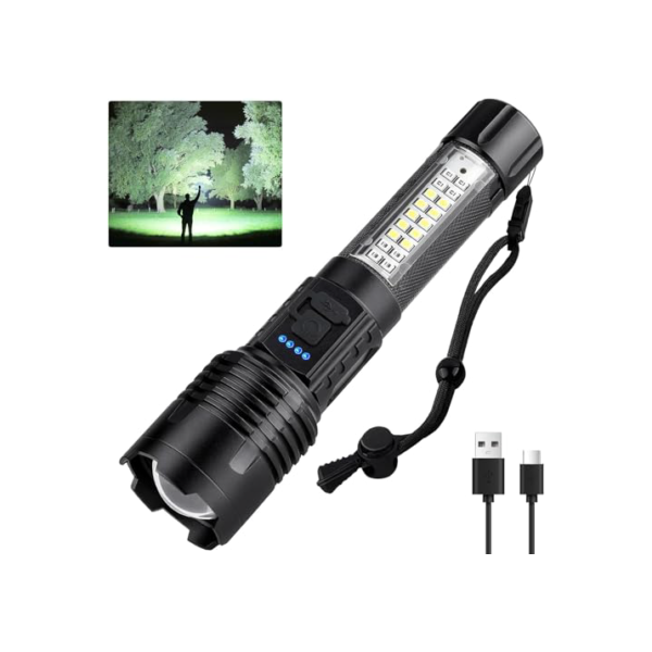Lanterna Tática Recarregável LED Ultra Potente de Longo Alcance Com Ajuste de Zoom Carregador USB-C | Ideal para Camping, Pesca, Trilha e Atividades ao Ar Livre