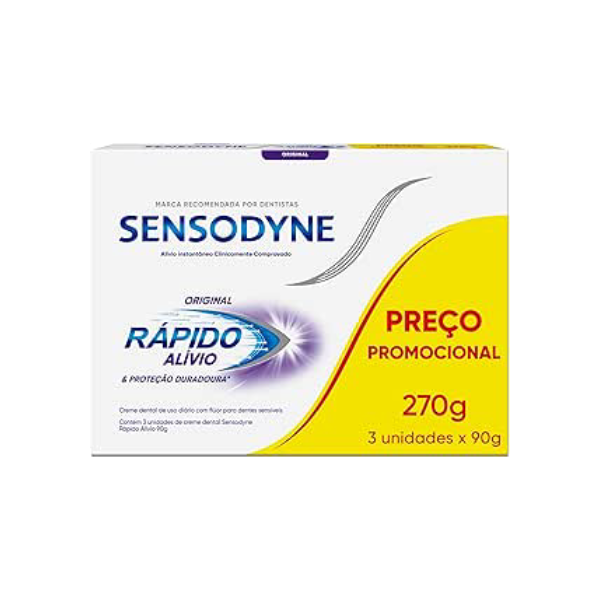 Sensodyne Creme Dental para Sensibilidade Rápido Alívio e Proteção Duradoura com Flúor, Leve 3 e Pague 2, Alívio Instantâneo, 90g cada