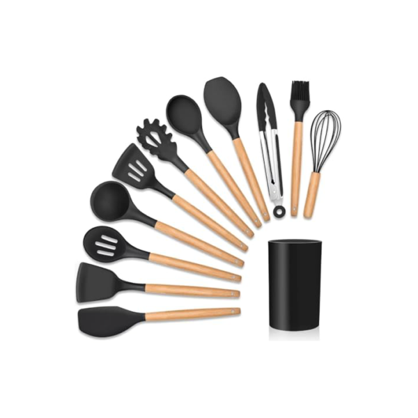 Kit 12 Utensílios De Cozinha Em Silicone E Cabo De Madeira Jogo De Utensílios Resistente ao Calor Antiaderente Premium GAXMARK
