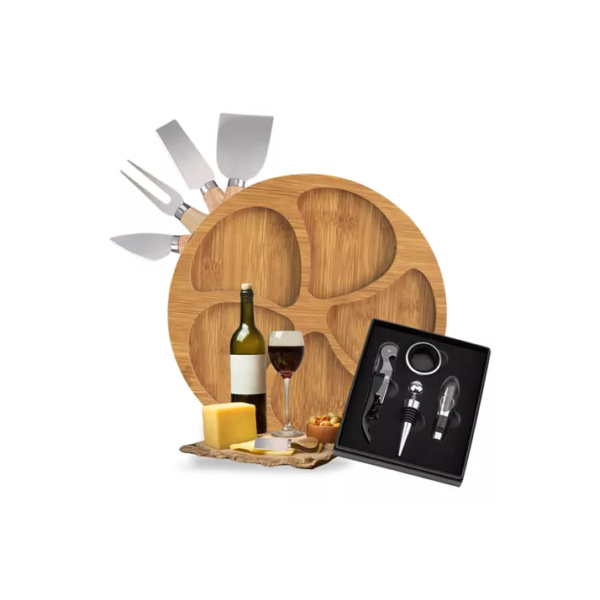 Kit Vinho 4 Peças + 4 Facas P Queijo + Petisqueira  Presente