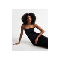 Vestido New Midi em Ponto Roma e Decote Tomara que Caia Preto