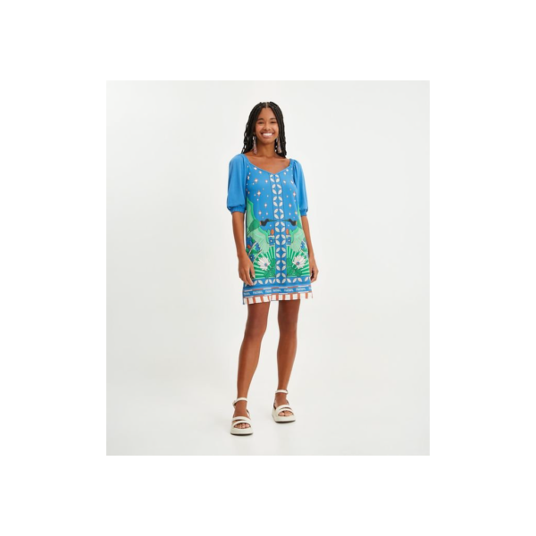 Vestido Curto em Viscolycra com Manga 3/4 e Estampa Tropical Azul