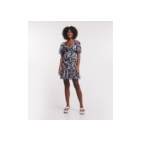 Vestido Curto em Tule com Estampa de Tucanos e Babadinho Preto