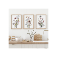 Kit 3 Quadros Decorativo Abstrato Aquarela Flores Folhas Mural De Painel Espesso De 8mm