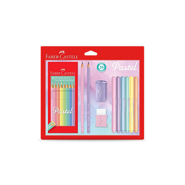 Kit Tons Pastel, Faber-Castell, KIT/PASTEL, KIT de 20, Lápis de Cor + Canetinhas + Borracha + Apontador + Grafite