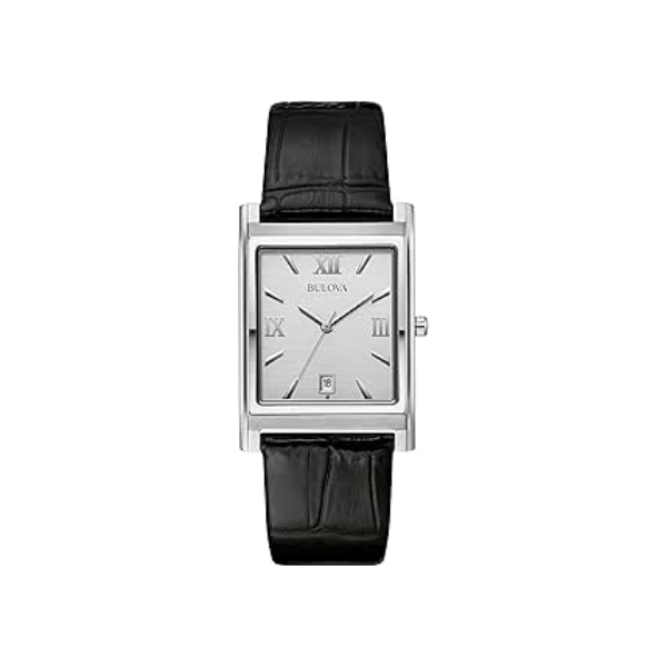 Bulova Relógio masculino de aço inoxidável com 3 ponteiros e data de quartzo com pulseira de couro preto, mostrador retangular: 96B107, Prata, Pulseira de aço inoxidável prateada de quartzo clássico