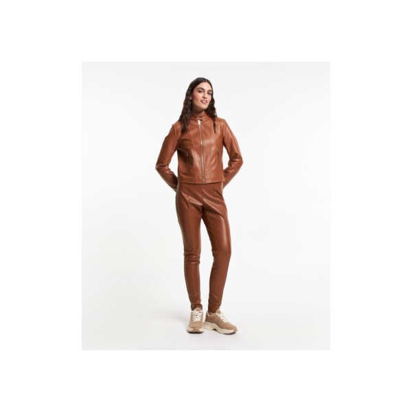Calça Legging em Pu com Recortes Marrom
