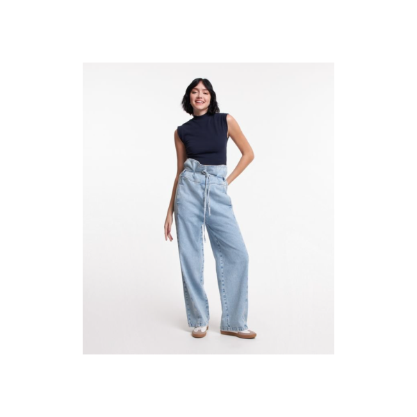 Calça Clochard em Jeans com Amarração e Bolsos Azul