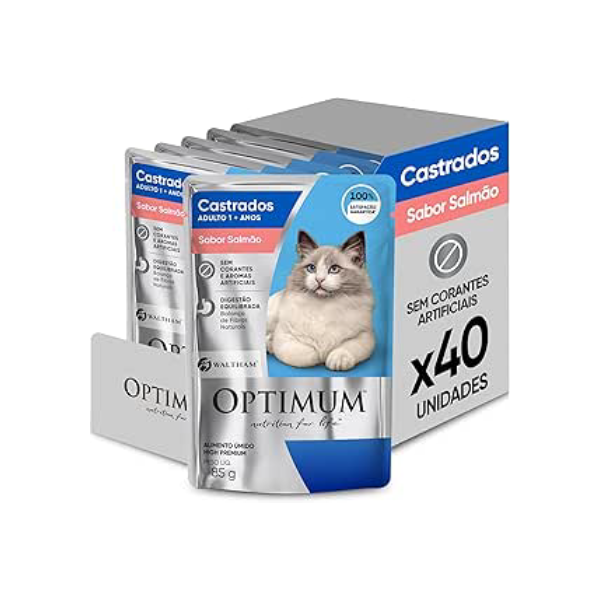Pack Ração Úmida Optimum Sachê para Gatos Adultos Castrados Sabor Salmão 85g - 40 unidadaes