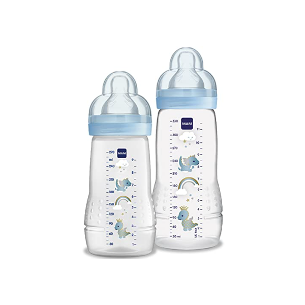 MAM Baby Kit 2 Mamadeiras Easy Active Set, 270ml e 330ml Com Formato Ergonômico e Fácil de Segurar para Crianças 2+ Meses com Bico de Silicone Skinsoft, Azul