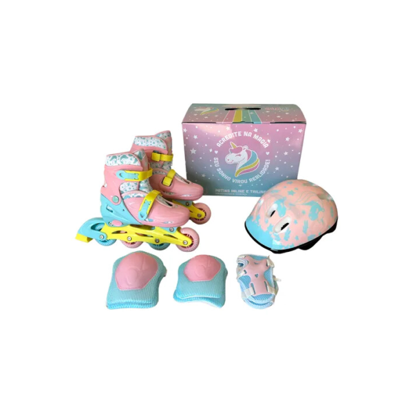 Patins Infantil Feminino 2 Em 1 Inline Triline +kit Protecao