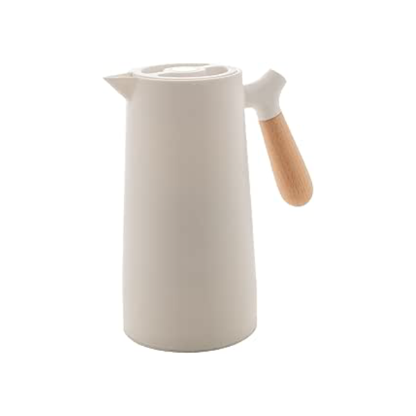 WOLFF - Garrafa Térmica de Plástico com Cabo de Madeira Nórdica 1L Branca - Mesa Posta - Itens Para Casa - Utensílios de Cozinha - Perfeita Para Café e Chá