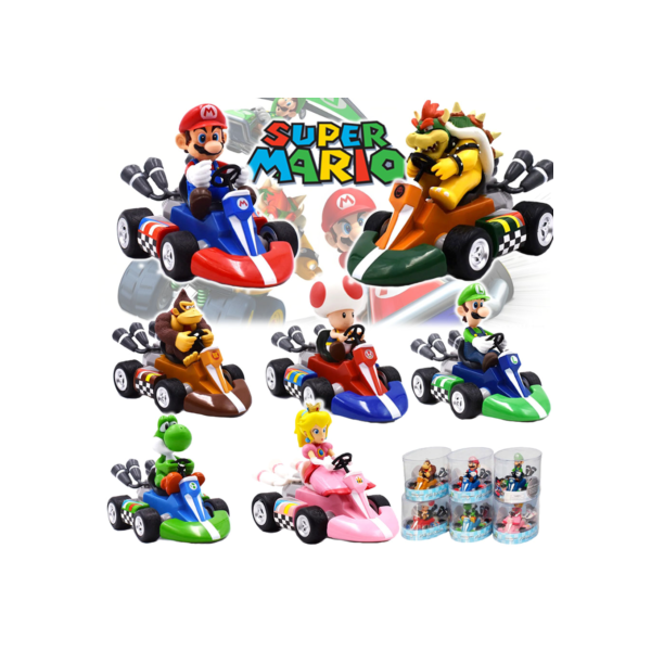 Super Mario Bros Karting Car Action Figure Brinquedos, Luigi Bowser, Princesa Peach, Yoshi Toad, Pull Back Car, Boneca de Jogo Anime, Presentes para crianças
