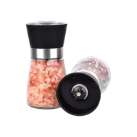 Kit 2 Moedor Triturador Giratório de Sal Pimenta Premium em Vidro Aço Inoxidável Tampa Preta para Grãos Condimentos Secos Temperos Saleiro Pimenteiro de Mesa Ideal Cozinha Restaurante Hamburgueria