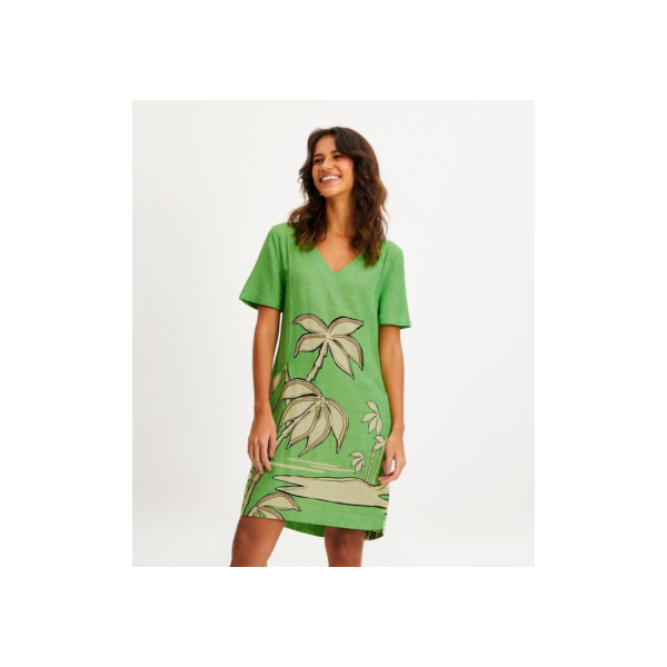 Vestido T-shirt em Viscolinho com Caimento Leve e Estampa Paisagem Tropical Verde