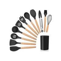 Conjunto Utensílios Cozinha em Silicone Cabo de Madeira Kit 12 Peças Leve Premium Antiaderente Espátula Duráveis Confeitar Organizar Cozinhar Resistentes Altas Temperaturas Colher Concha Design