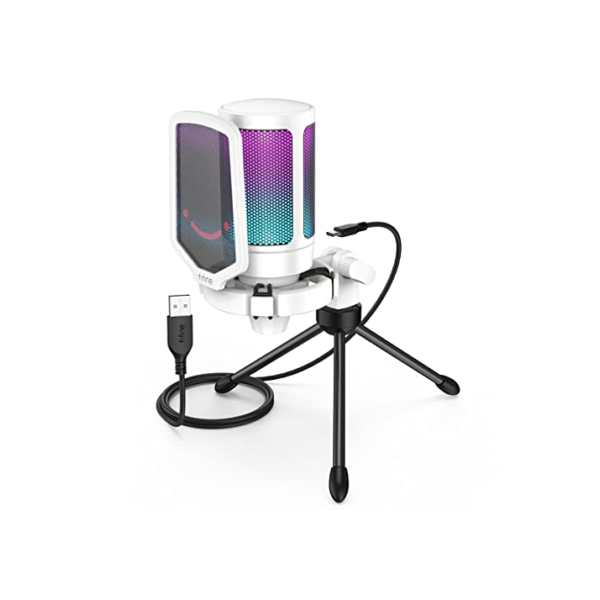 FIFINE Microfone USB, microfone para laptop de mesa de gravação de jogos para PC, microfone condensador para podcasting de transmissão RGB para jogos on-line, vocal, com botão mudo- A6V branco