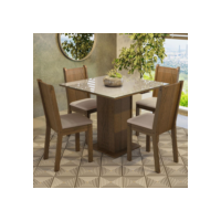 Conjunto Sala de Jantar Mesa Tampo de Vidro 4 Cadeiras Rustic/Crema/Sintético Bege Perla Madesa