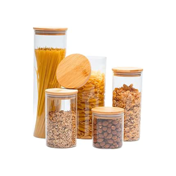 Potes Herméticos de Vidro com Tampa Bambu Porta Mantimentos Transparente Kit 5 Unidades