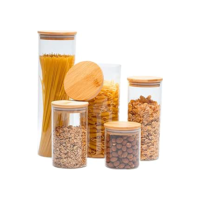 Potes Herméticos de Vidro com Tampa Bambu Porta Mantimentos Transparente Kit 5 Unidades