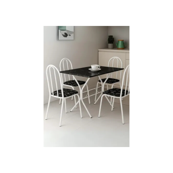 Jogo Mesa Retangular Aço Com 4 Cadeiras Estofada Sala Jantar Preto Branco