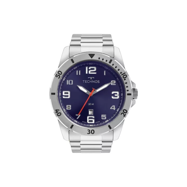 Relógio Masculino Technos Prata Performance Militar Fundo Azul