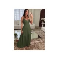Vestido Feminino Longo Decote V Saia em Camada de babados Alça Regulavel C/Bojo COD:010-Crepe