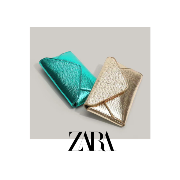 ZARA Mini Carteira Feminina Refletiva Metálica Saco Leve De Corpo Cruzado Preto/Ouro