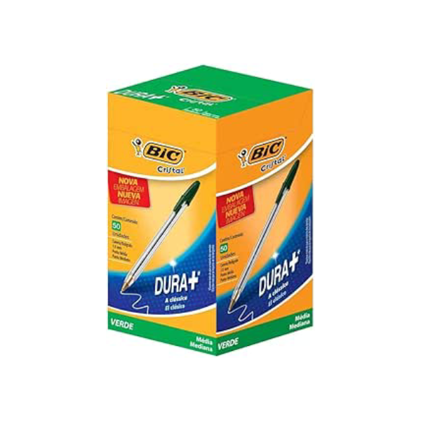 Caneta BIC Verde Cristal Dura Mais – Ponta Esferográfica Média de 1.0mm. Escrita Macia e Cor Intensa - Pacote com 50 unidades