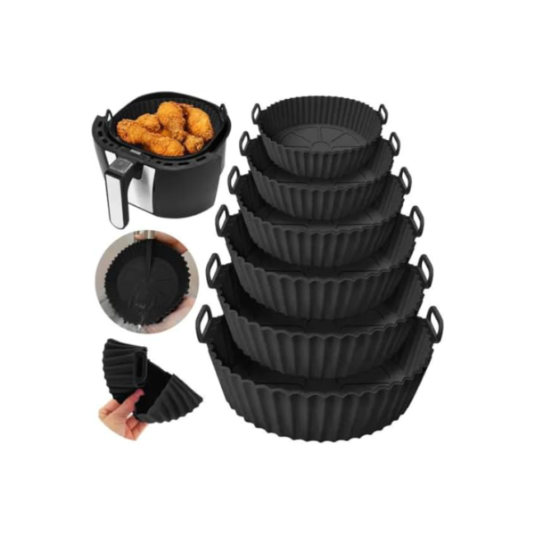 Kit Com 6 Formas De Silicone Para Air Fryer Reutilizável Cesta Redonda Fritadeira Eletrica Universal Para Todos Os Modelos Antiaderente Com Alça Para Forno E Microondas
