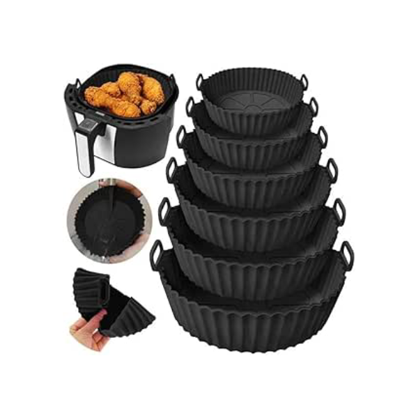 Kit Com 6 Formas De Silicone Para Air Fryer Reutilizável Cesta Redonda Fritadeira Eletrica Universal Para Todos Os Modelos Antiaderente Com Alça Para Forno E Microondas