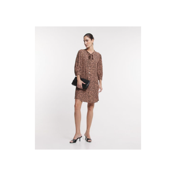Vestido Chemise em Viscose com Manga Bufante e Estampa Animal Print Onça Marrom